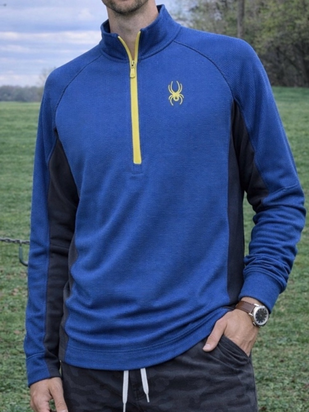 Spyder Outbound 1/2 Zip Midweight Core Sweater Navy and Black w/Yellow Men's L